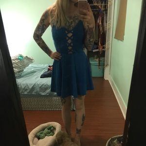 cuuute blue criss cross front cutout skater dress